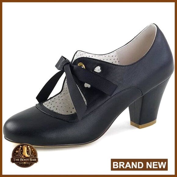 Shoes - Chunky Block Heel Mary Jane Pumps with Lace Up Closure Round Toe